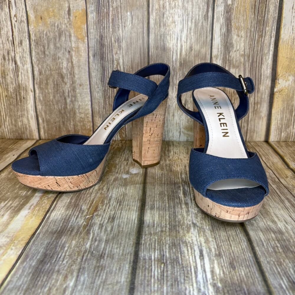 Anne Klein Lyza Boho Glitzy Denim Peep Toe Cork Platform Block Heel Sandal Sz 9M